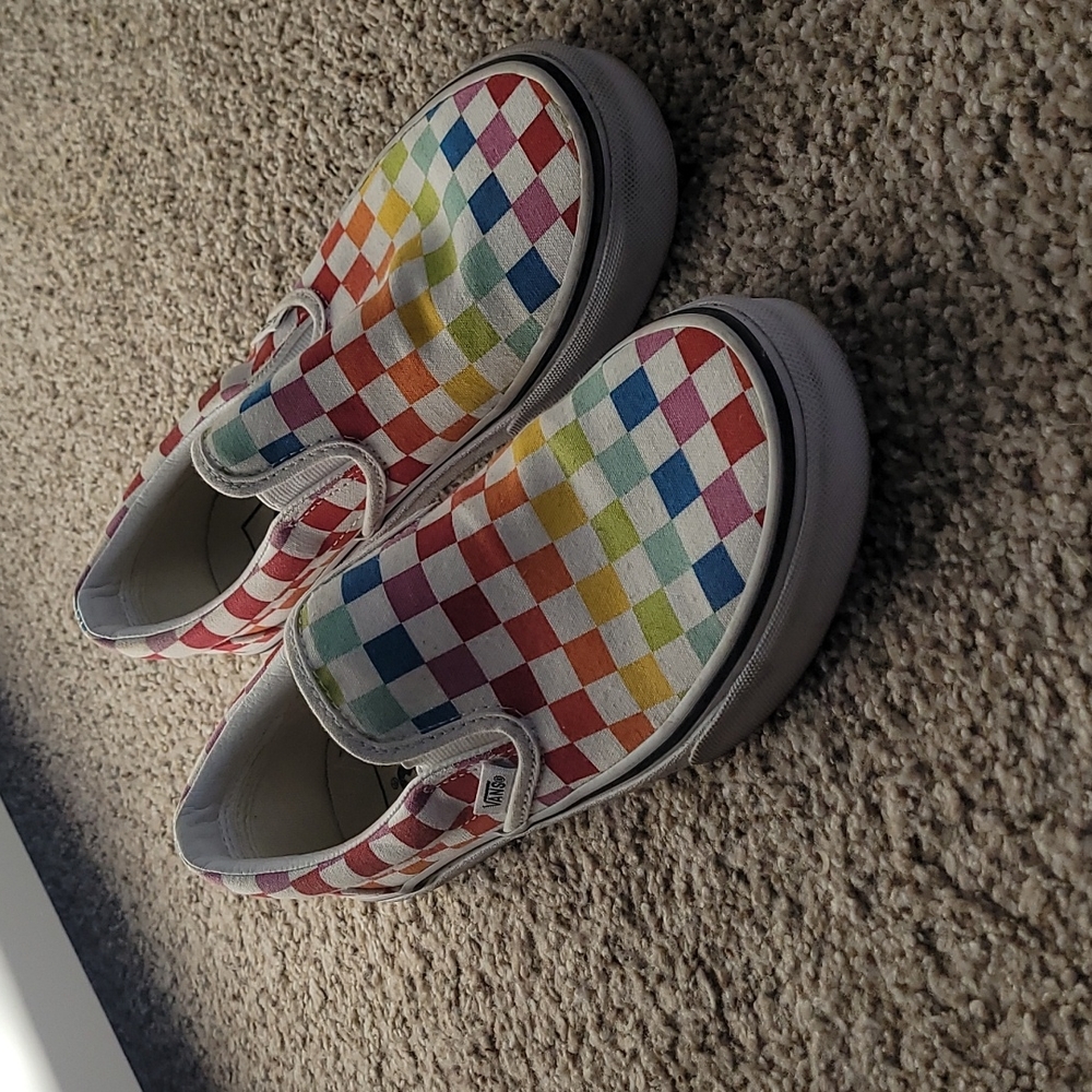 Rainbow Checkered Vans slip-ons